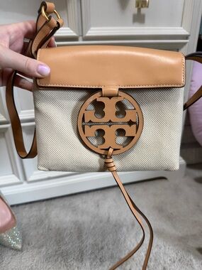 Tory Burch Tan Leather and Cream Canvas Round-Logo Crossbody